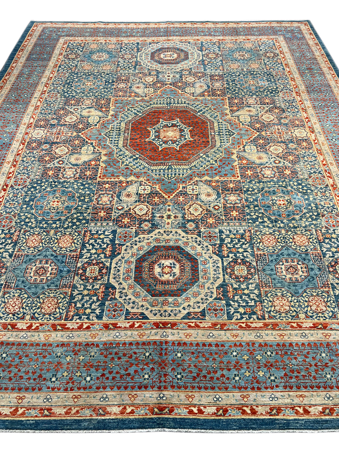 Blue, Rust &amp; Ivory Mamluk Style Medallion Rug – 9’2” × 11’11”