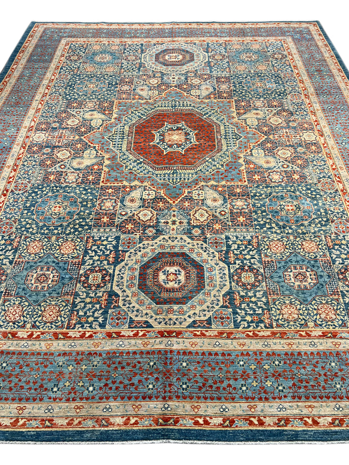 Blue, Rust &amp; Ivory Mamluk Style Medallion Rug – 9’2” × 11’11”