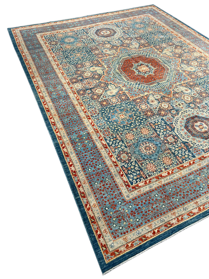 Blue, Rust &amp; Ivory Mamluk Style Medallion Rug – 9’2” × 11’11”