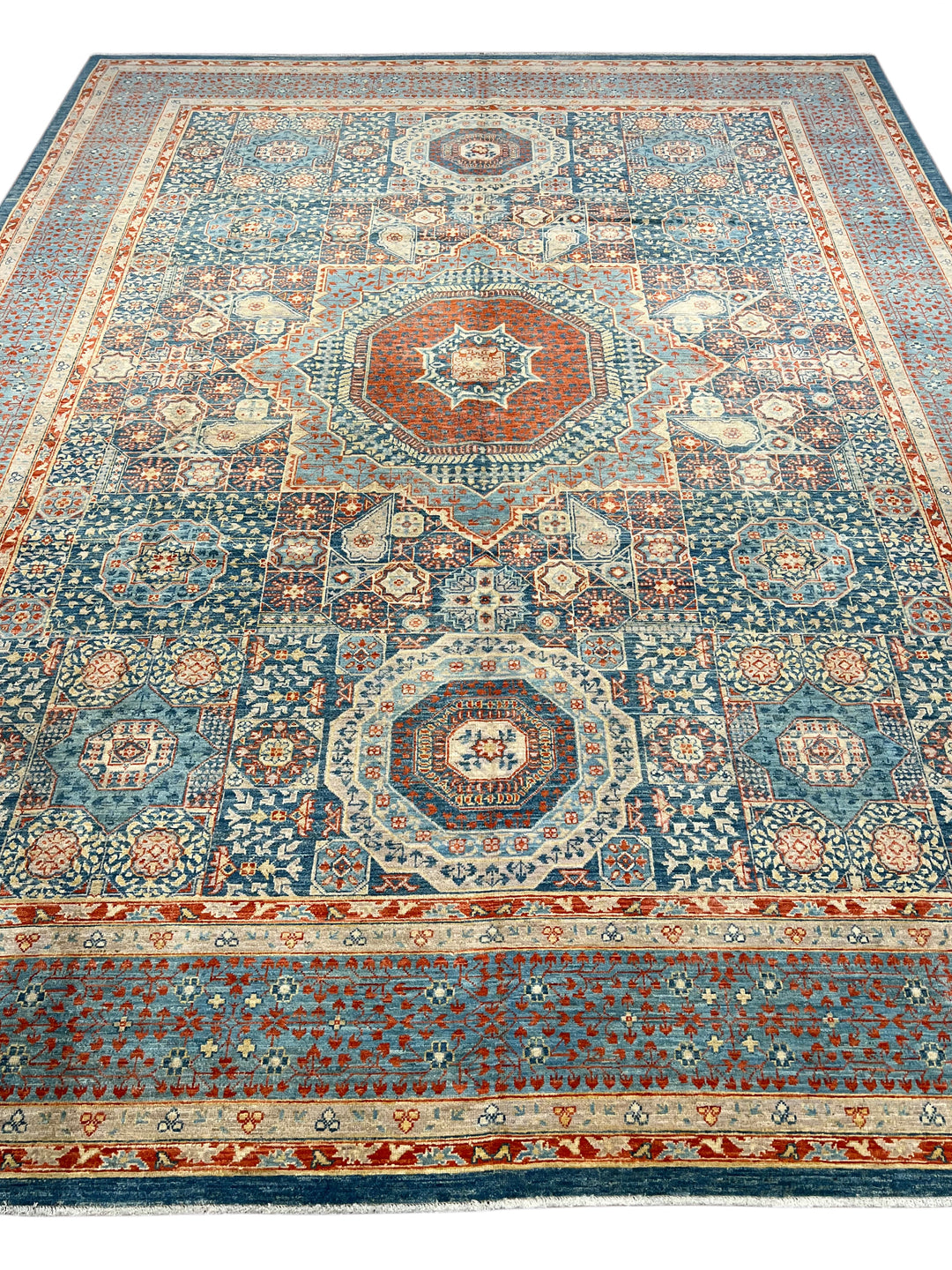 Blue, Rust &amp; Ivory Mamluk Style Medallion Rug – 9’2” × 11’11”