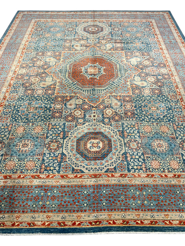Blue, Rust &amp; Ivory Mamluk Style Medallion Rug – 9’2” × 11’11”
