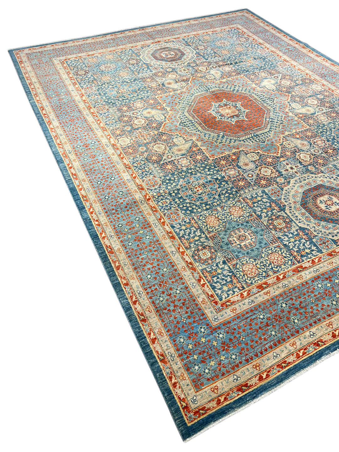 Blue, Rust &amp; Ivory Mamluk Style Medallion Rug – 9’2” × 11’11”