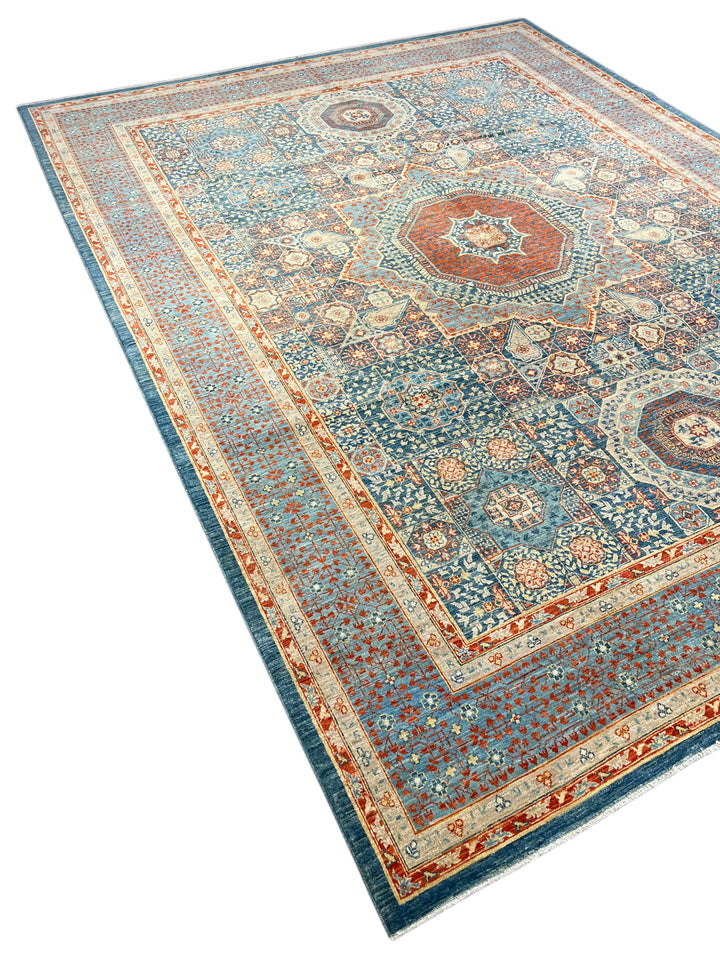 Blue, Rust &amp; Ivory Mamluk Style Medallion Rug – 9’2” × 11’11”
