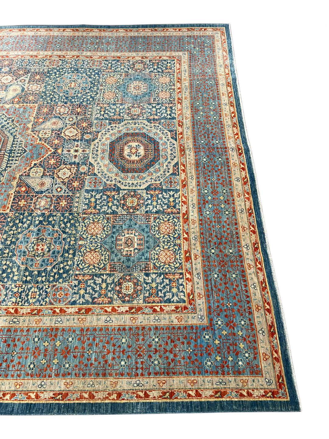 Blue, Rust &amp; Ivory Mamluk Style Medallion Rug – 9’2” × 11’11”