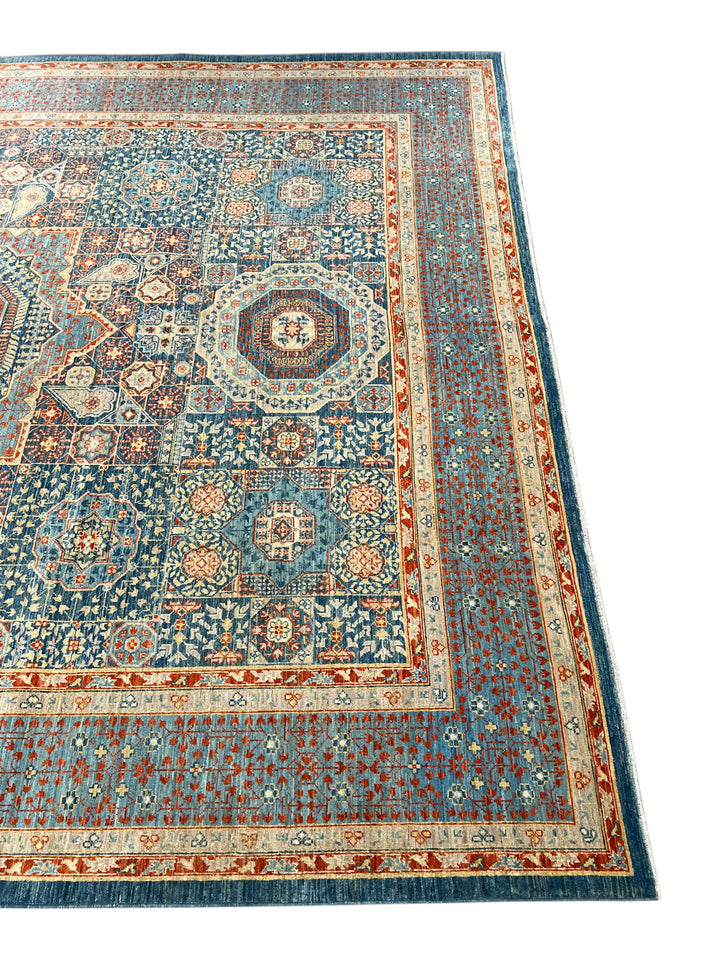 Blue, Rust &amp; Ivory Mamluk Style Medallion Rug – 9’2” × 11’11”