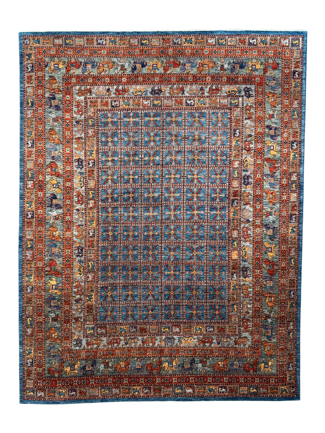Blue &amp; Rust Pictorial Grid Rug with Horse Motifs – 9’0” × 11’9”