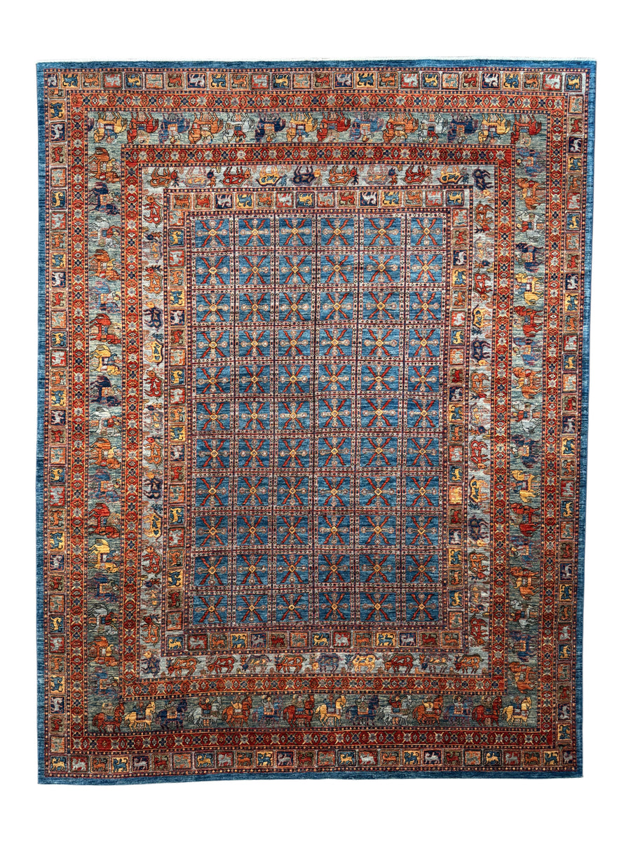 Blue & Rust Pictorial Grid Rug with Horse Motifs – 9’0” × 11’9”