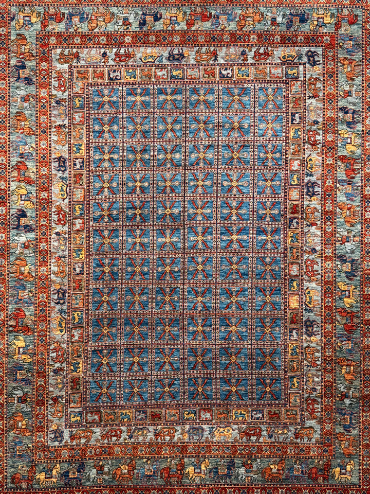 Blue &amp; Rust Pictorial Grid Rug with Horse Motifs – 9’0” × 11’9”