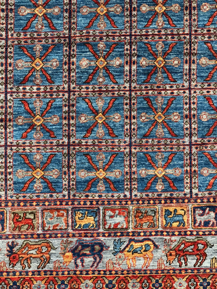 Blue &amp; Rust Pictorial Grid Rug with Horse Motifs – 9’0” × 11’9”