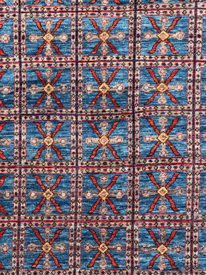 Blue &amp; Rust Pictorial Grid Rug with Horse Motifs – 9’0” × 11’9”