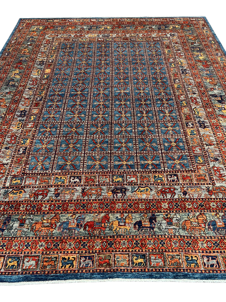 Blue &amp; Rust Pictorial Grid Rug with Horse Motifs – 9’0” × 11’9”