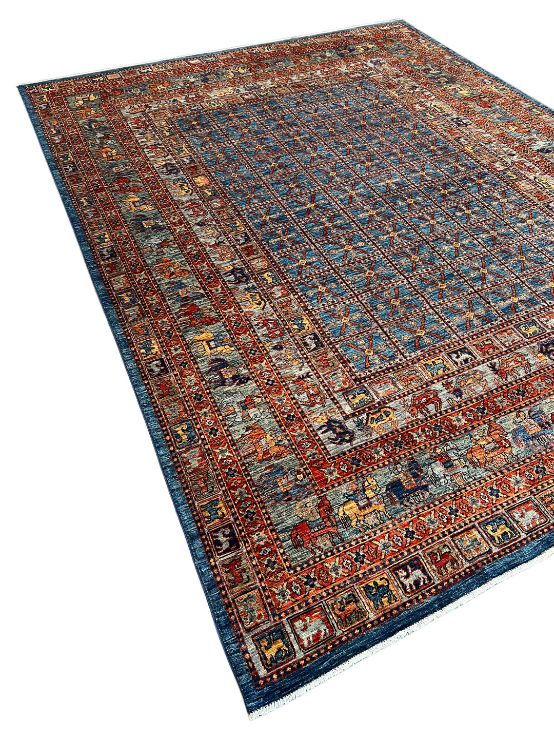 Blue &amp; Rust Pictorial Grid Rug with Horse Motifs – 9’0” × 11’9”