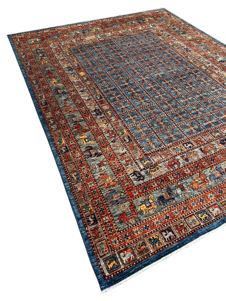 Blue &amp; Rust Pictorial Grid Rug with Horse Motifs – 9’0” × 11’9”