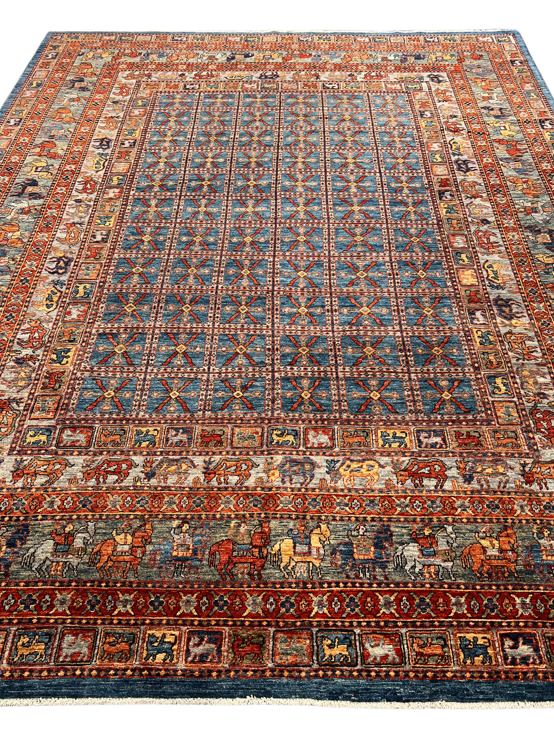 Blue &amp; Rust Pictorial Grid Rug with Horse Motifs – 9’0” × 11’9”