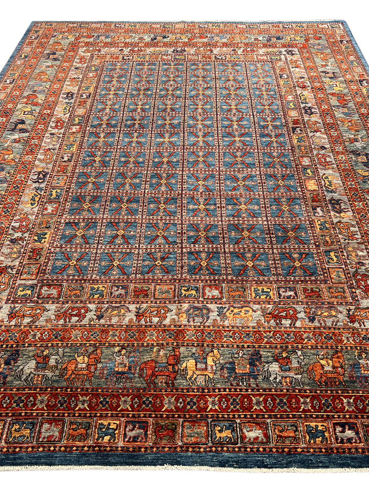 Blue &amp; Rust Pictorial Grid Rug with Horse Motifs – 9’0” × 11’9”