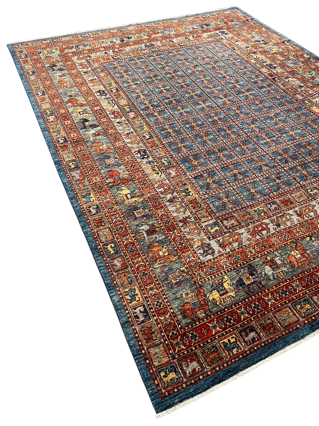 Blue &amp; Rust Pictorial Grid Rug with Horse Motifs – 9’0” × 11’9”