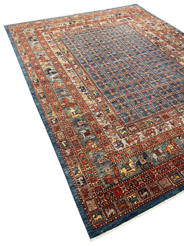Blue &amp; Rust Pictorial Grid Rug with Horse Motifs – 9’0” × 11’9”