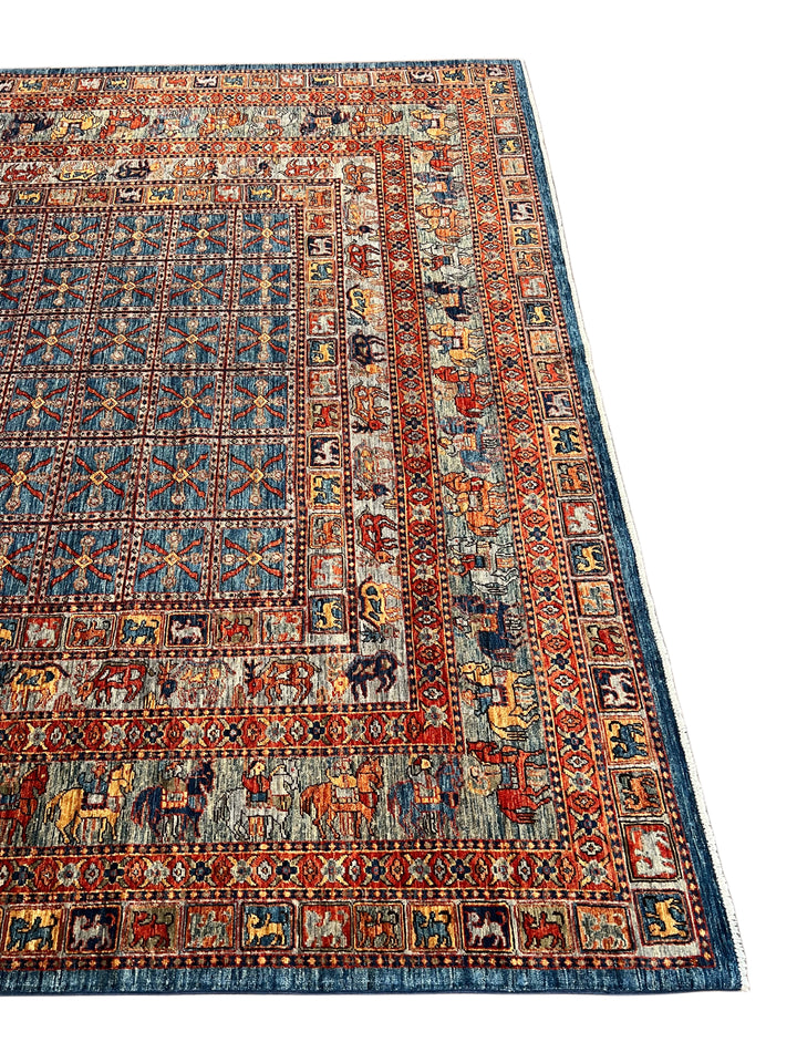 Blue &amp; Rust Pictorial Grid Rug with Horse Motifs – 9’0” × 11’9”