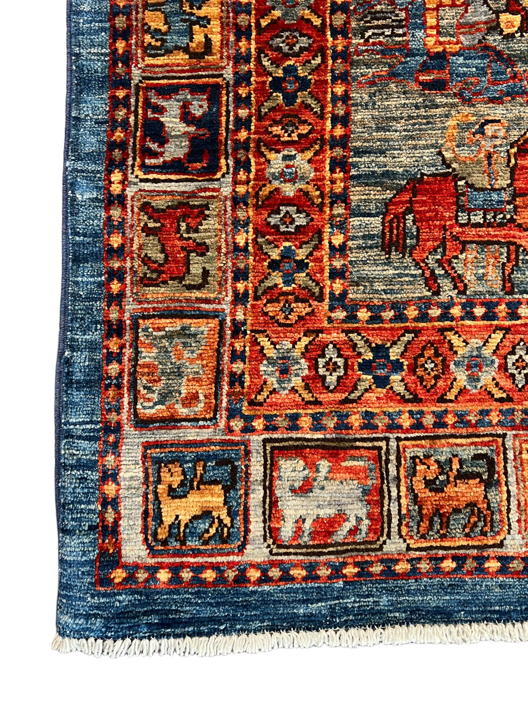 Blue &amp; Rust Pictorial Grid Rug with Horse Motifs – 9’0” × 11’9”