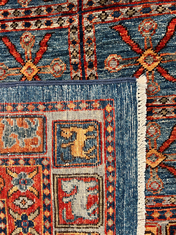 Blue &amp; Rust Pictorial Grid Rug with Horse Motifs – 9’0” × 11’9”