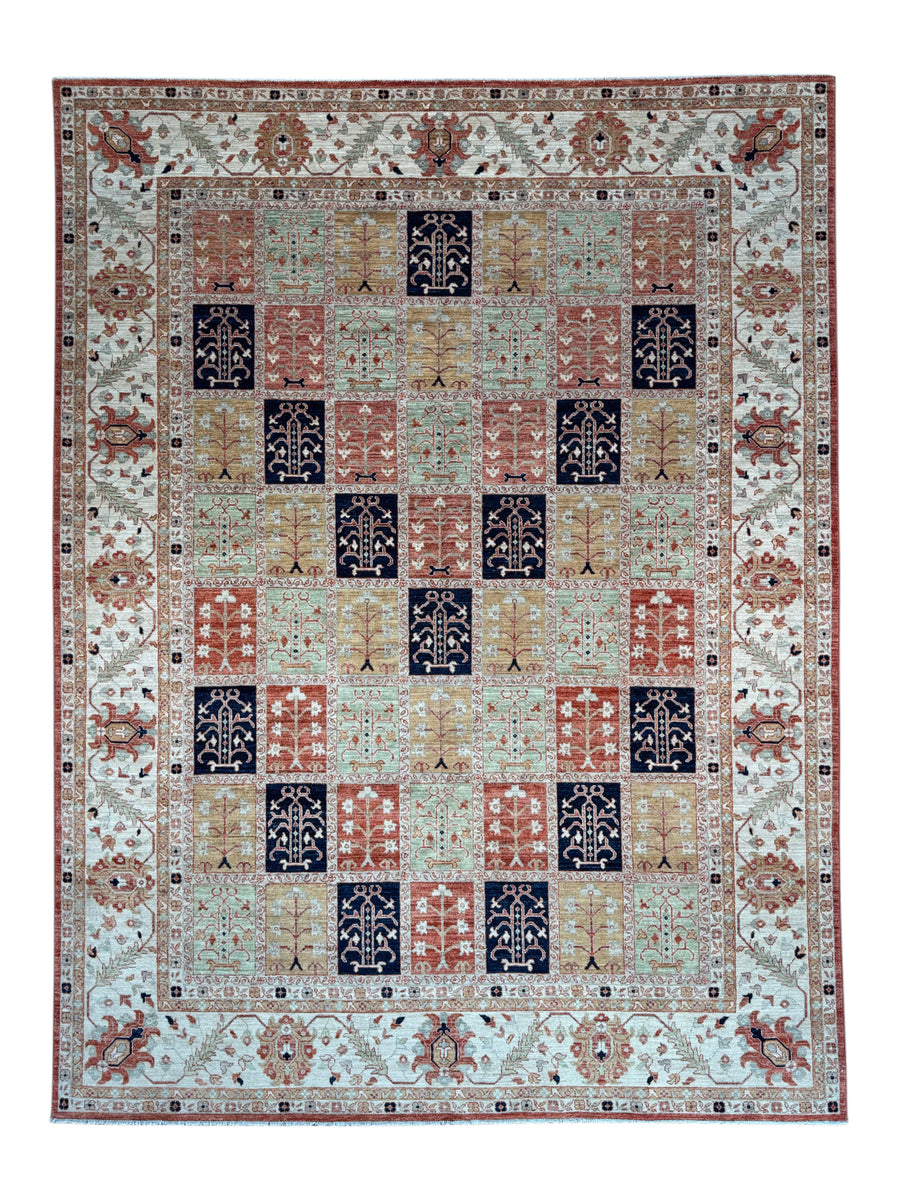 Ivory, Sage & Rust Panel Garden Design Rug – 8’11” × 11’9”