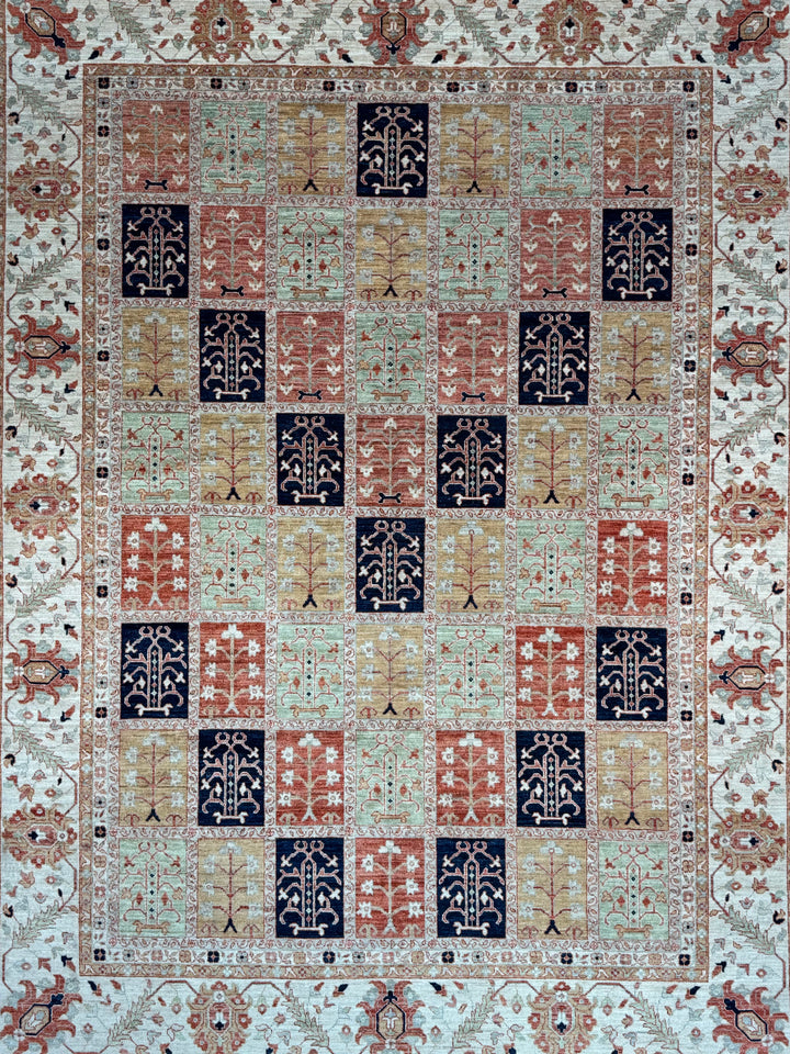 Ivory, Sage &amp; Rust Panel Garden Design Rug – 8’11” × 11’9”
