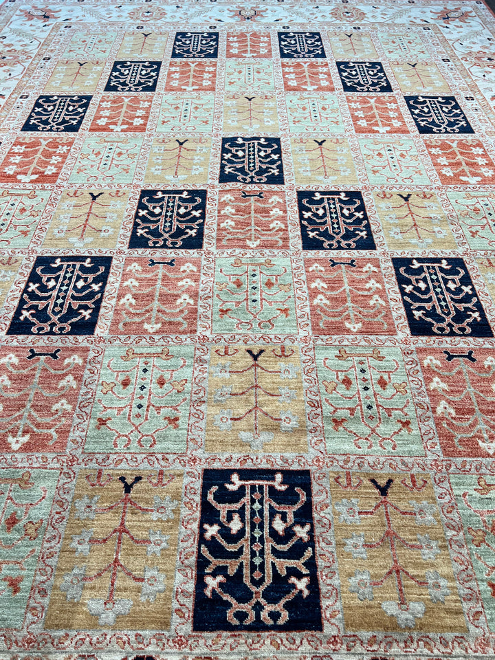 Ivory, Sage &amp; Rust Panel Garden Design Rug – 8’11” × 11’9”