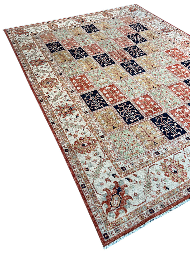 Ivory, Sage &amp; Rust Panel Garden Design Rug – 8’11” × 11’9”