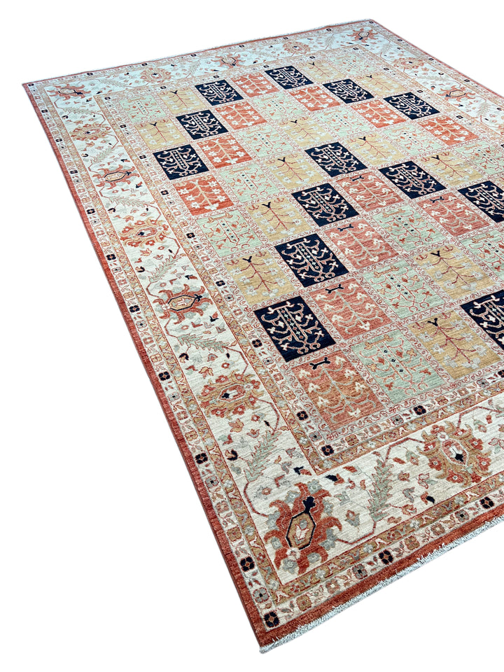 Ivory, Sage &amp; Rust Panel Garden Design Rug – 8’11” × 11’9”
