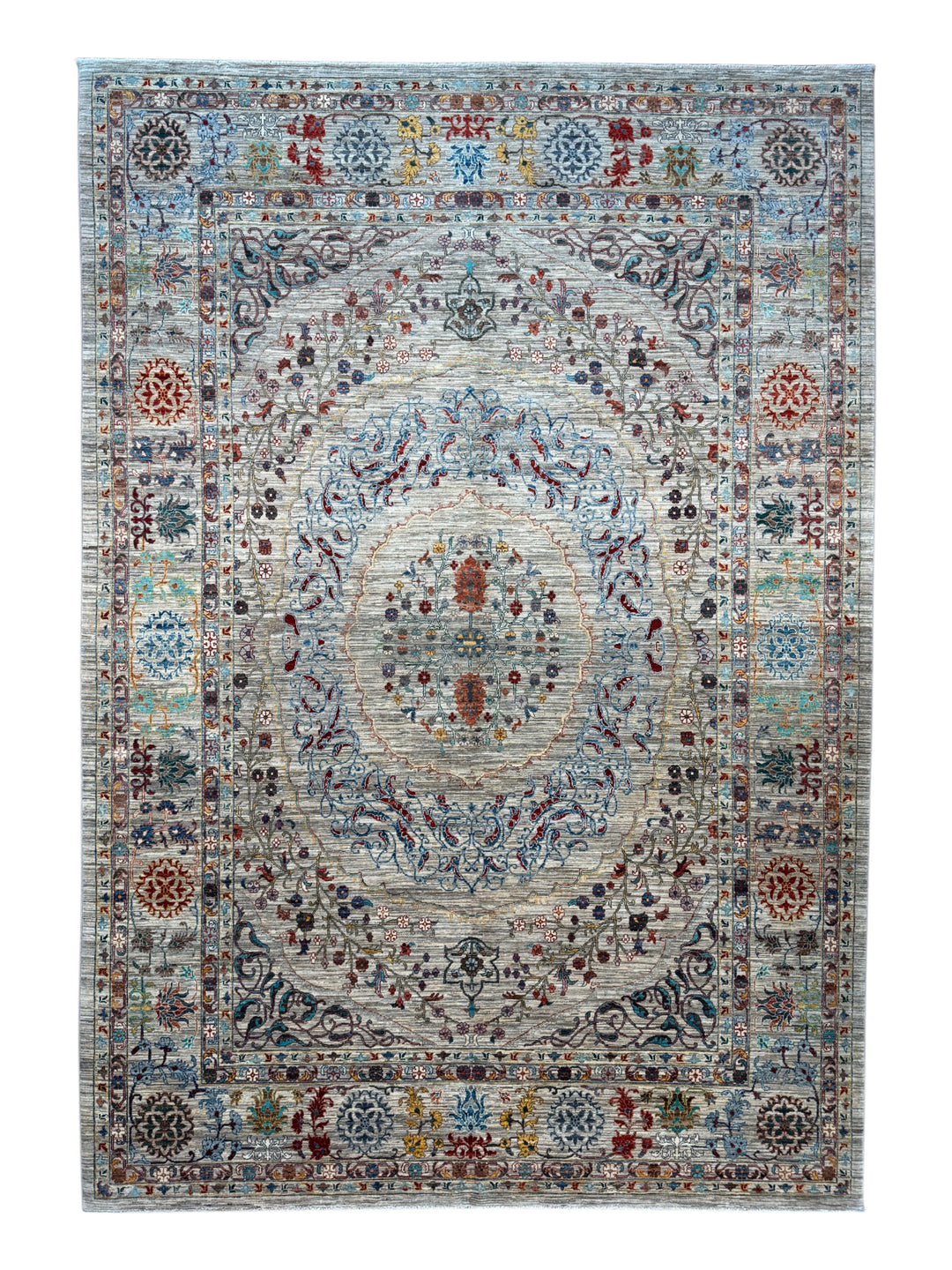 Silver, Ivory &amp; Multicolor Floral Medallion Rug – 8’10” × 12’9”