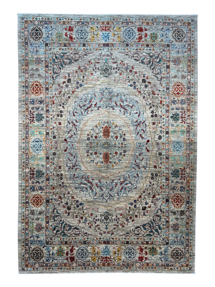 Silver, Ivory &amp; Multicolor Floral Medallion Rug – 8’10” × 12’9”