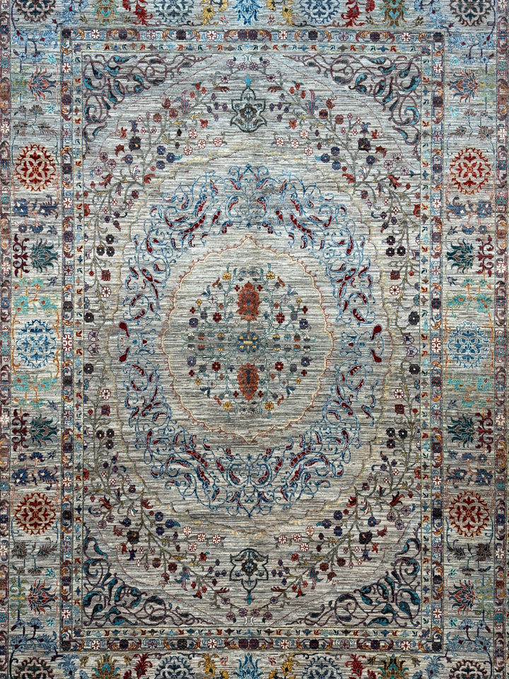 Silver, Ivory &amp; Multicolor Floral Medallion Rug – 8’10” × 12’9”