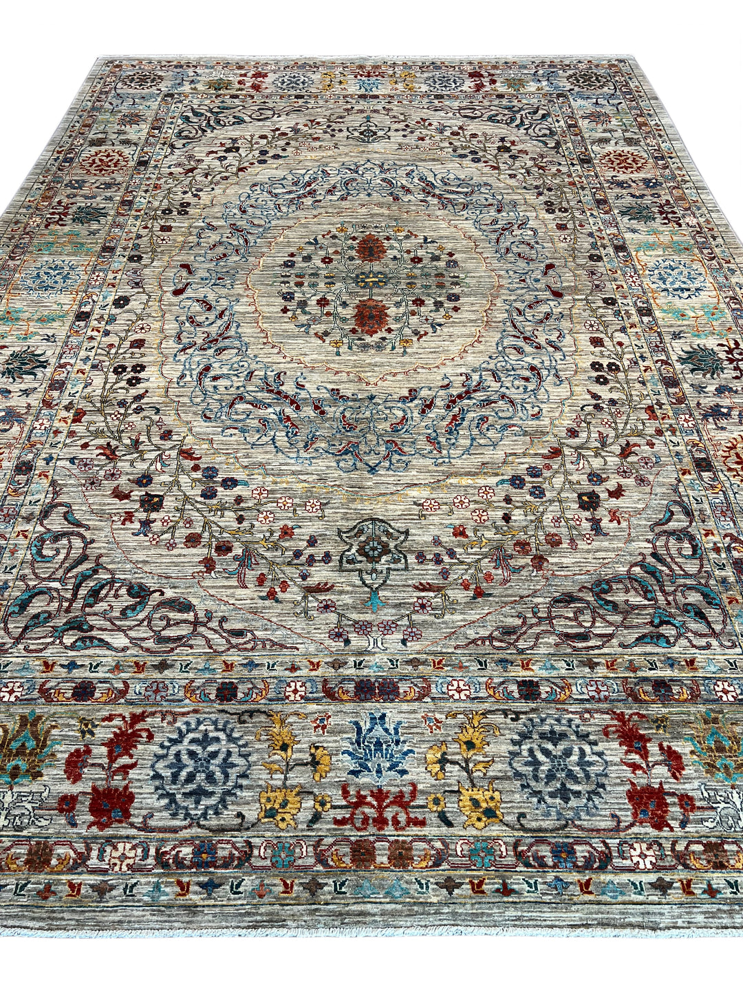 Silver, Ivory &amp; Multicolor Floral Medallion Rug – 8’10” × 12’9”