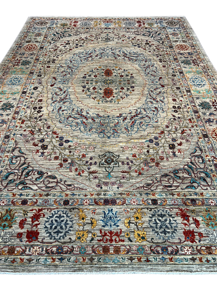 Silver, Ivory &amp; Multicolor Floral Medallion Rug – 8’10” × 12’9”