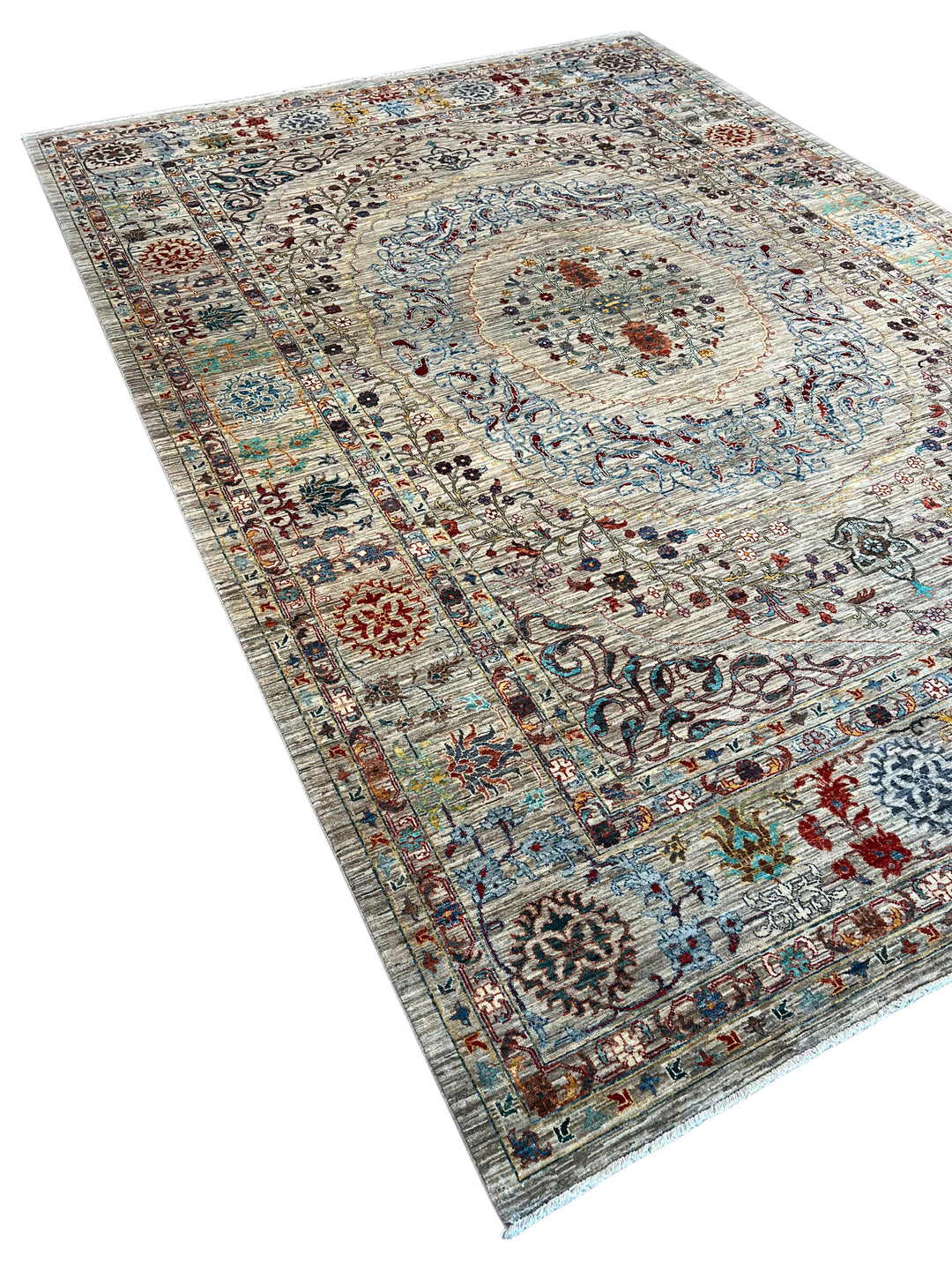 Silver, Ivory &amp; Multicolor Floral Medallion Rug – 8’10” × 12’9”