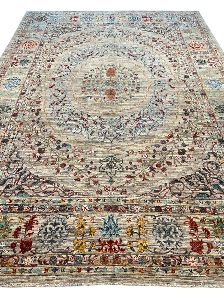 Silver, Ivory &amp; Multicolor Floral Medallion Rug – 8’10” × 12’9”