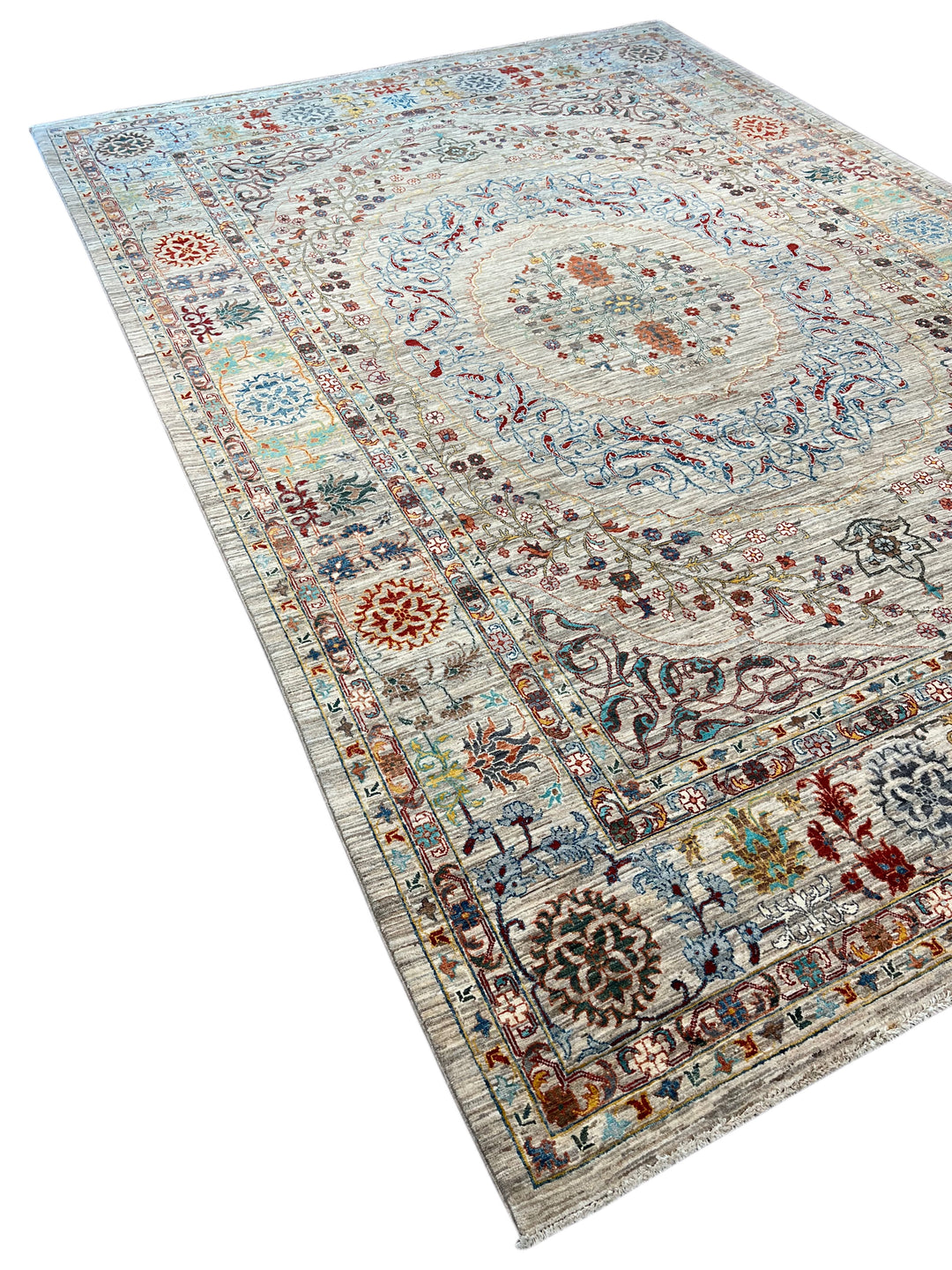 Silver, Ivory &amp; Multicolor Floral Medallion Rug – 8’10” × 12’9”