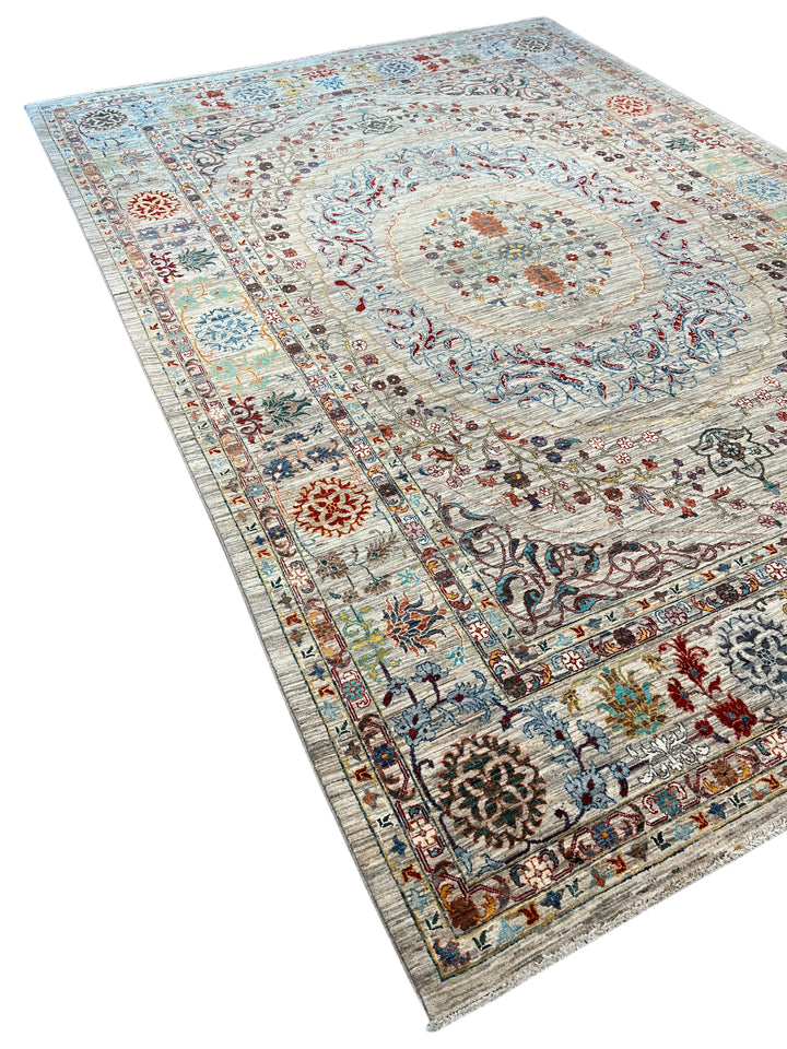 Silver, Ivory &amp; Multicolor Floral Medallion Rug – 8’10” × 12’9”