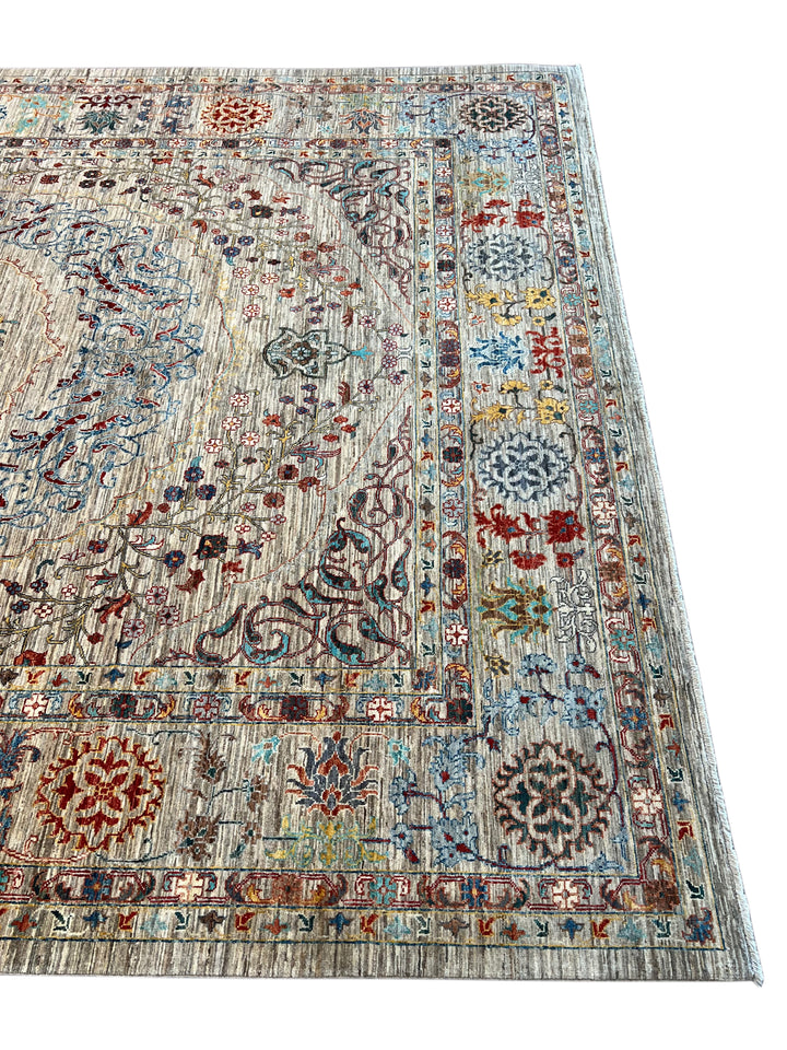 Silver, Ivory &amp; Multicolor Floral Medallion Rug – 8’10” × 12’9”