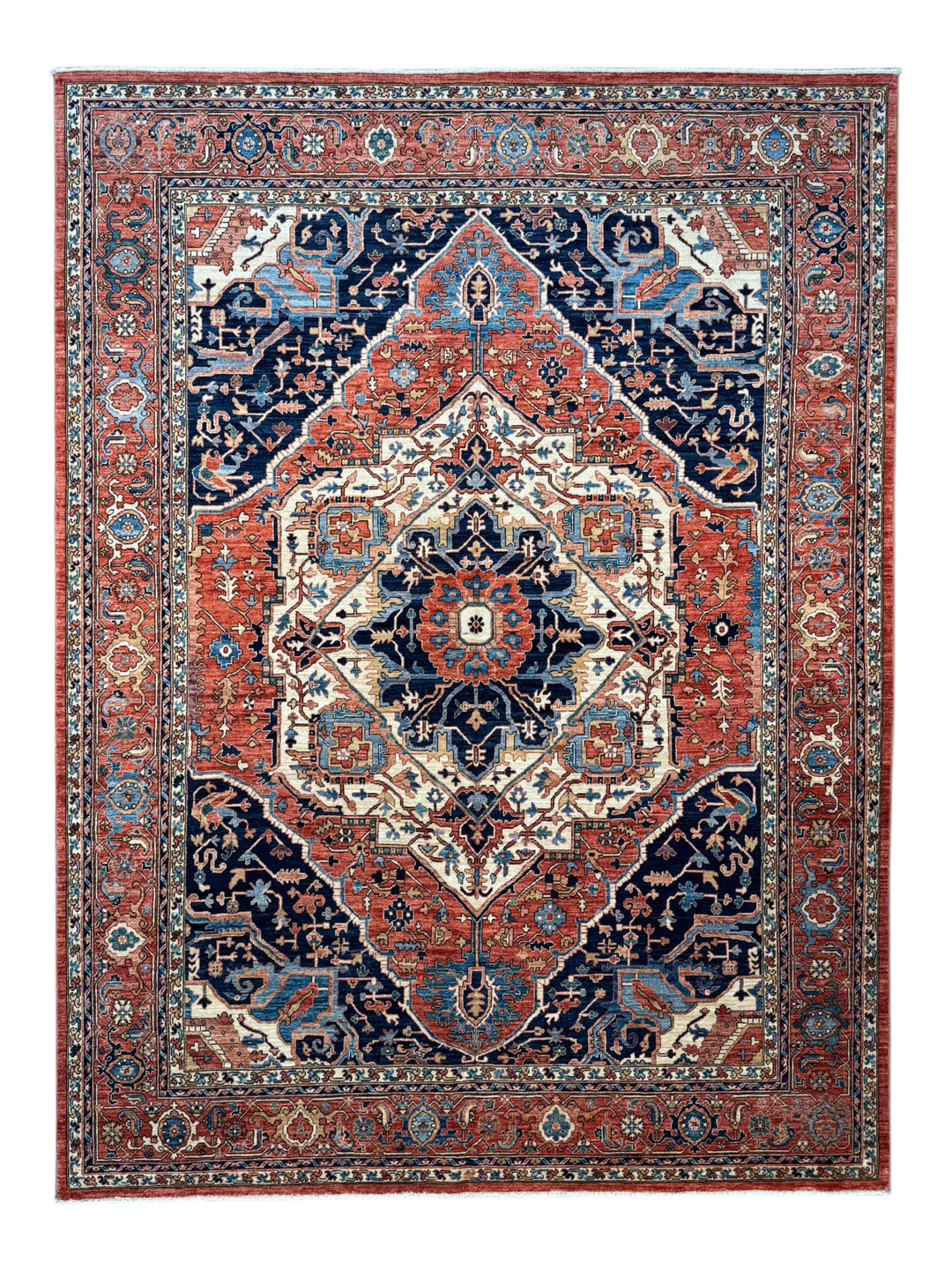 Navy, Rust &amp; Ivory Heriz Style Wool Rug – 8’11” x 11’11”