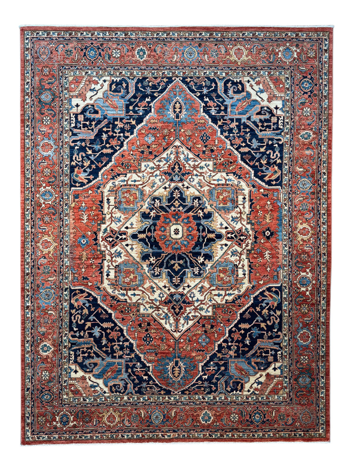 Navy, Rust &amp; Ivory Heriz Style Wool Rug – 8’11” x 11’11”