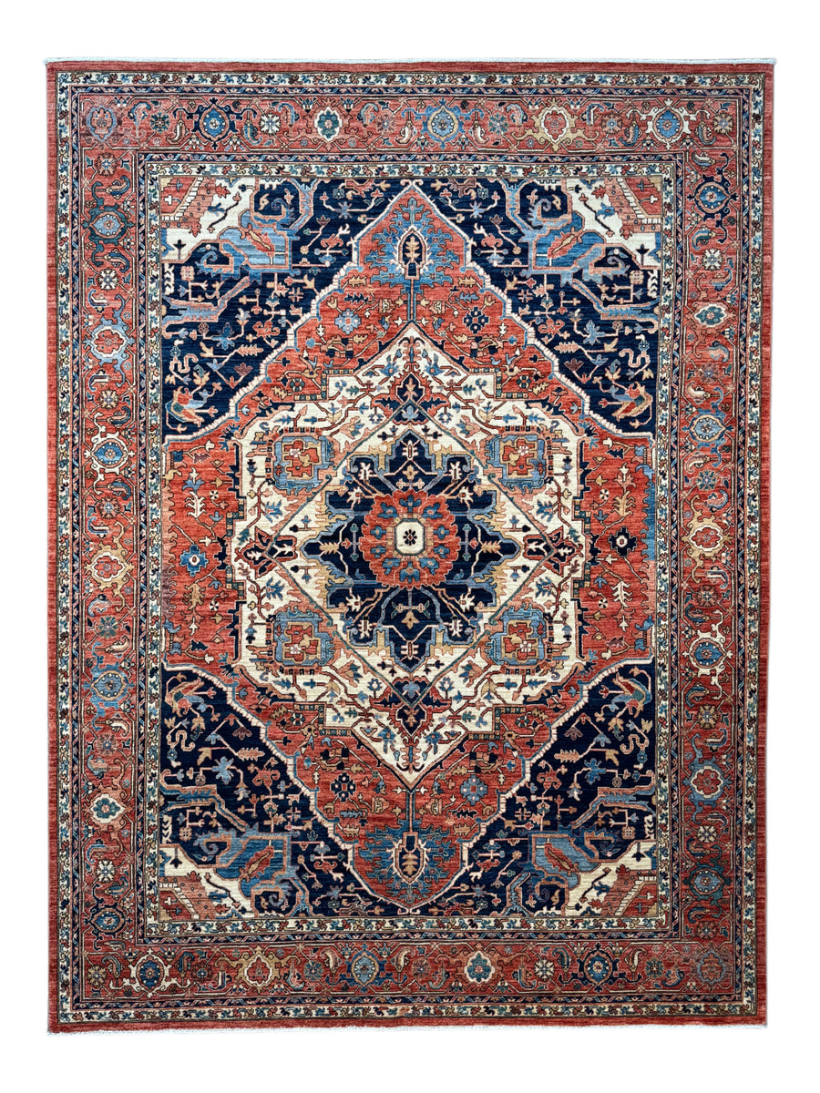 Navy, Rust & Ivory Heriz Style Wool Rug – 8’11” x 11’11”