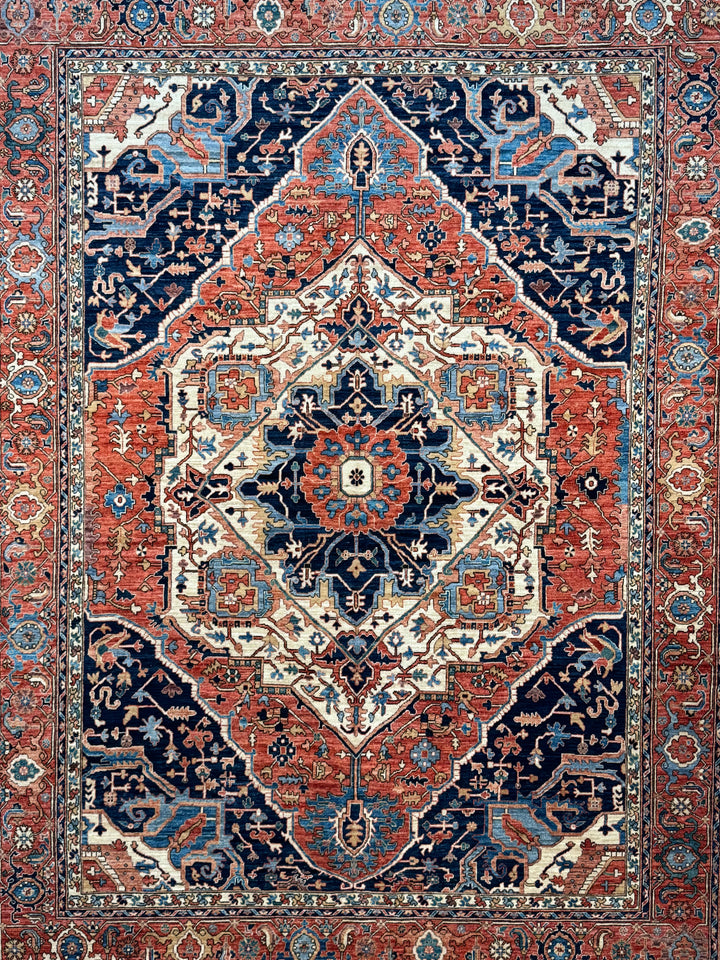 Navy, Rust &amp; Ivory Heriz Style Wool Rug – 8’11” x 11’11”