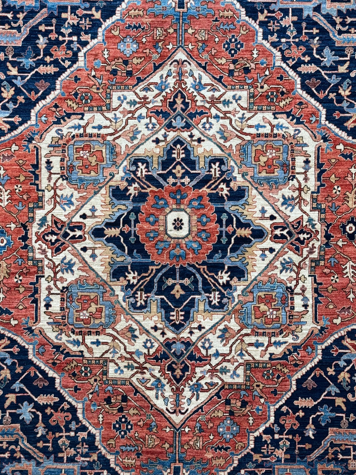 Navy, Rust &amp; Ivory Heriz Style Wool Rug – 8’11” x 11’11”