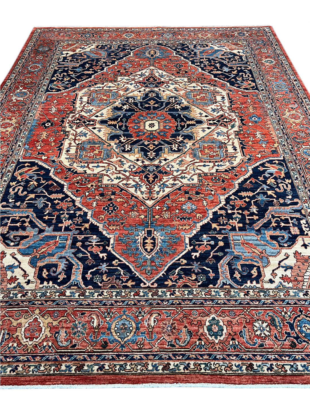 Navy, Rust &amp; Ivory Heriz Style Wool Rug – 8’11” x 11’11”