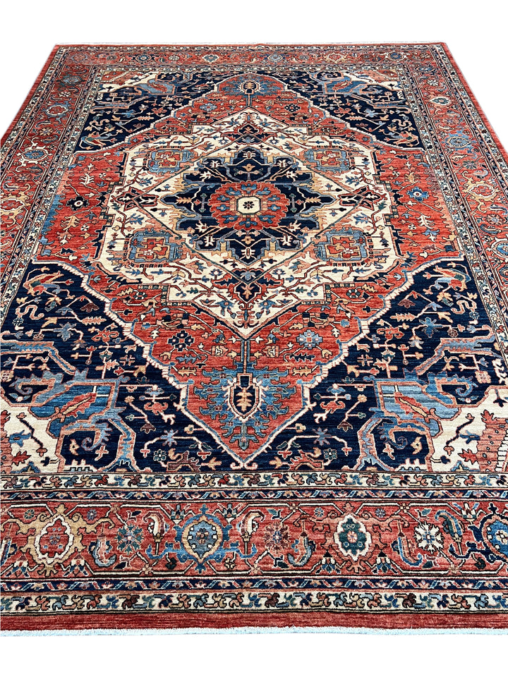 Navy, Rust &amp; Ivory Heriz Style Wool Rug – 8’11” x 11’11”
