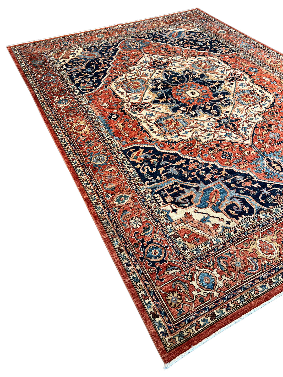 Navy, Rust &amp; Ivory Heriz Style Wool Rug – 8’11” x 11’11”