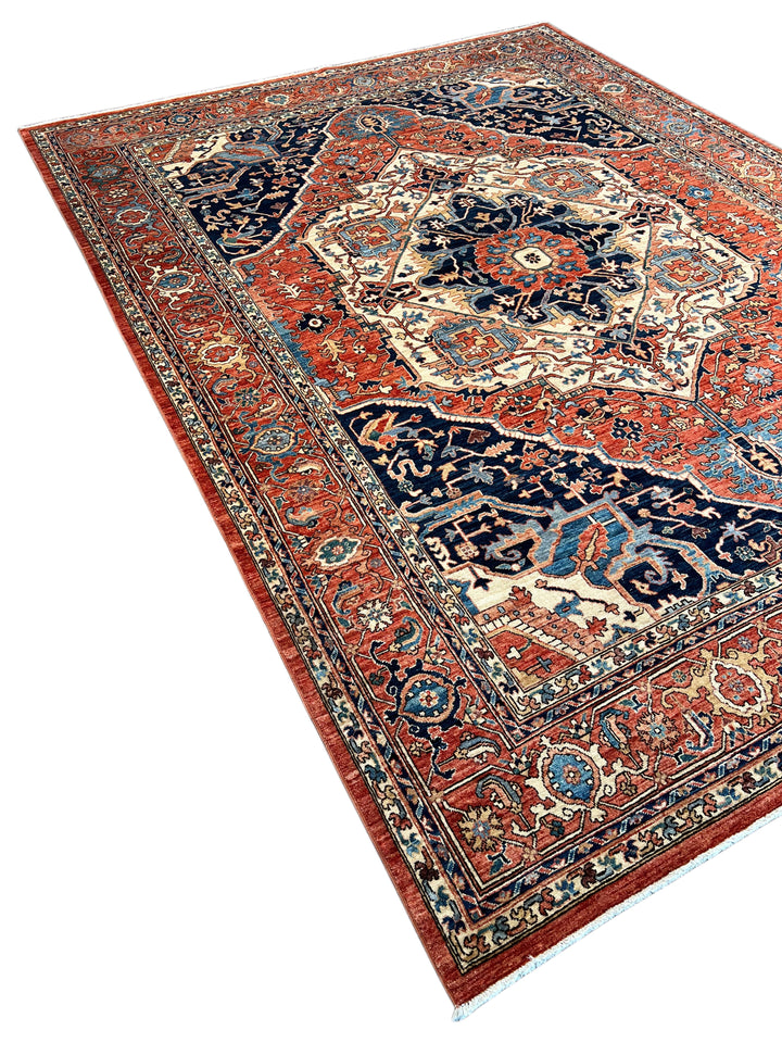 Navy, Rust &amp; Ivory Heriz Style Wool Rug – 8’11” x 11’11”