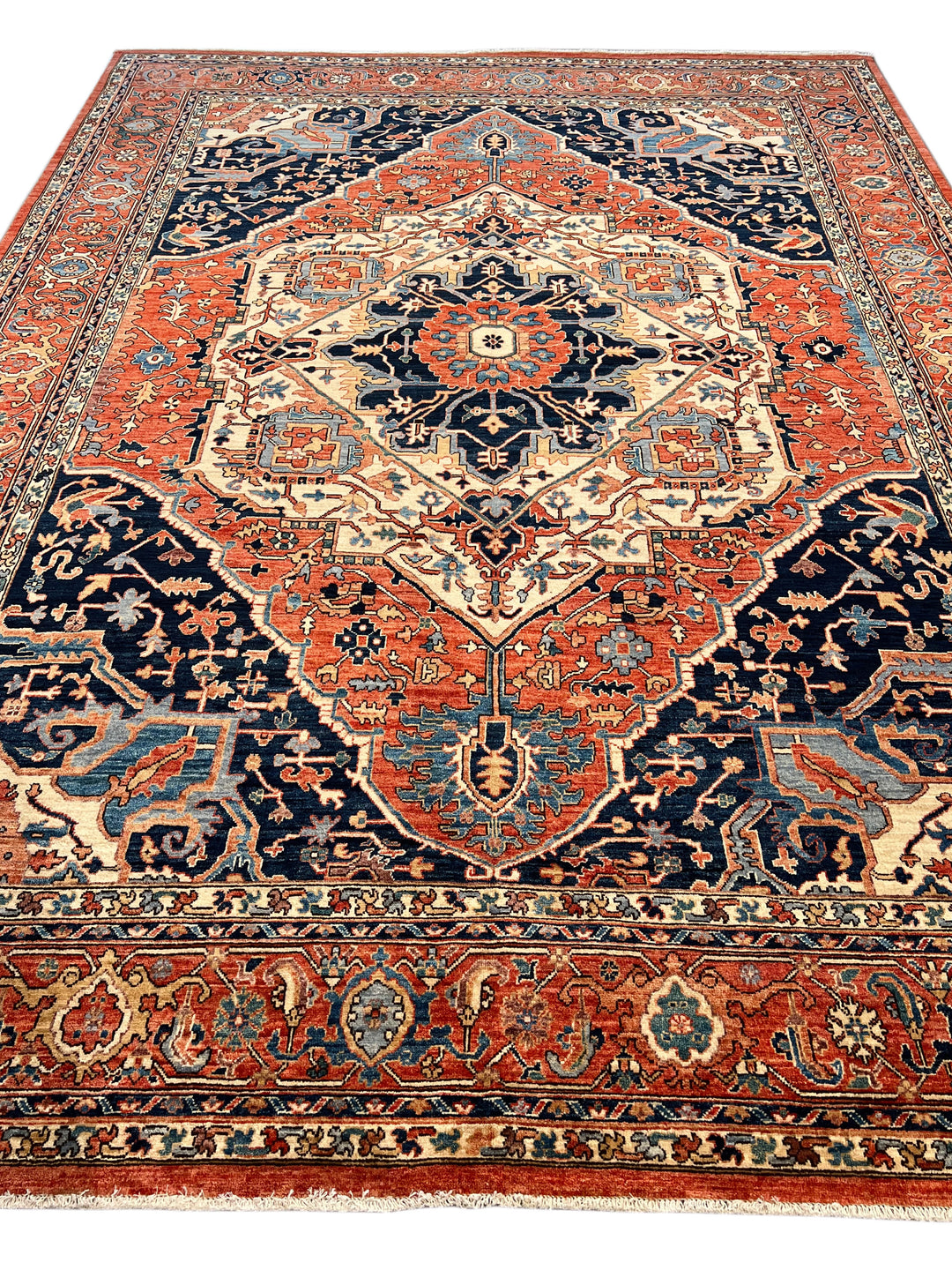 Navy, Rust &amp; Ivory Heriz Style Wool Rug – 8’11” x 11’11”