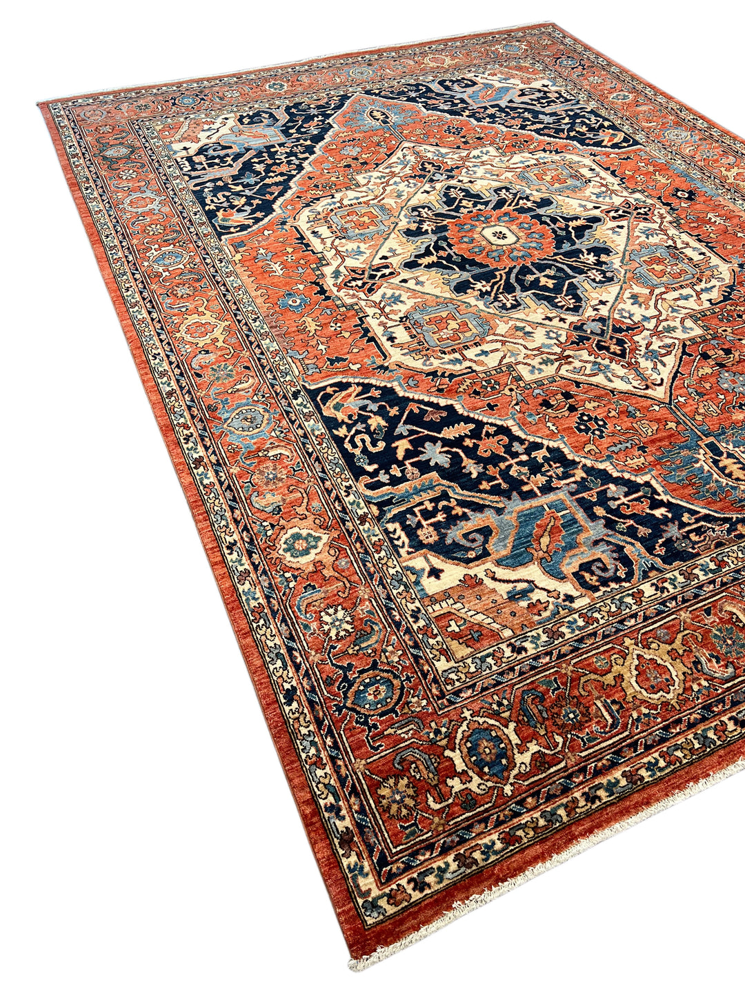 Navy, Rust &amp; Ivory Heriz Style Wool Rug – 8’11” x 11’11”